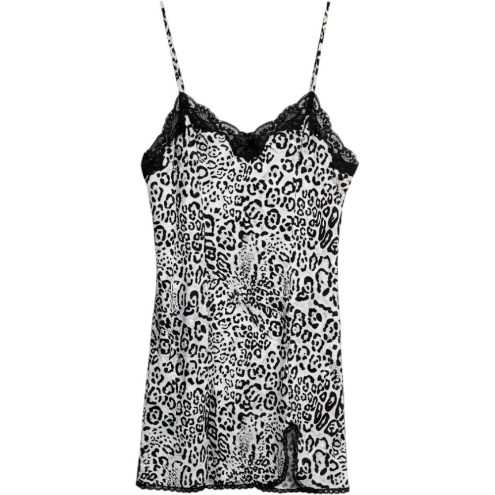 Womens Black White Leopard Print Lace Trim Chemise Nightgown Slip Dress PST410